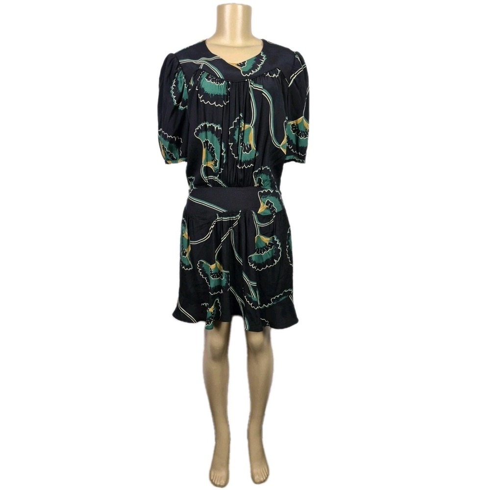 Ba&sh‎ Leo Lady Dress Noir Green Floral Print Mini Puff Sleeve Viscose Size 1 S